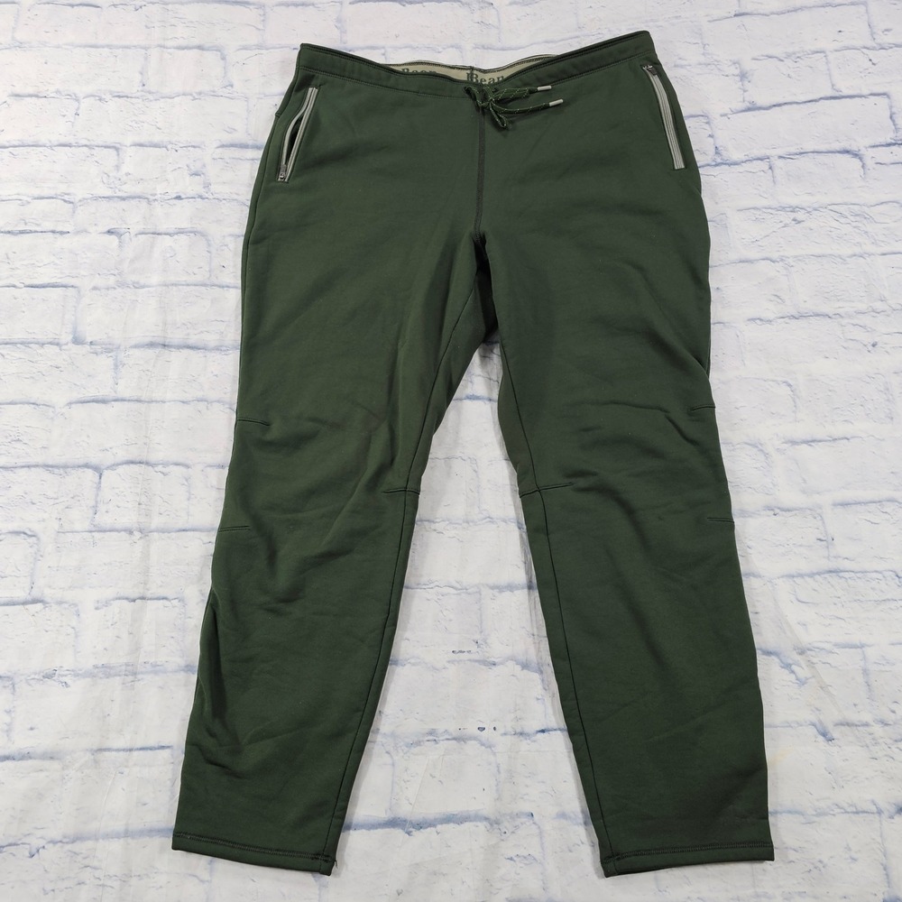 LL Bean Fleece Lined Pants Mens L Green Active Hiking Tapered Joggers